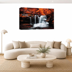LR Orange Waterfall Wall Art Picture – Grey & White Forest Framed Canvas Print | Ready to Hang | Modern Wall Art for Living Room, Bedroom & Office