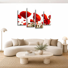 LR Floral Rose Poppy Wall Art Picture – Red & White Framed 4 Panel Split Canvas Print | Ready to Hang | Modern Wall Art for Living Room, Bedroom & Office