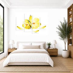 LR Floral Rose Orchid Wall Art Picture – Yellow & White Framed 4 Panel Split Canvas Print | Ready to Hang | Modern Wall Art for Living Room, Bedroom & Office