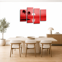 LR Sunset Beach Wall Art Picture – Red Seascape Framed 4 Panel Split Canvas Print | Ready to Hang | Modern Wall Art for Living Room, Bedroom & Office