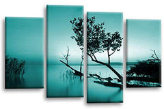 LR Sunset Landscape Lake Wall Art Picture Teal Brown Abstract Floral Framed Split Panel Canvas Print