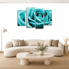 LR Wall Art Floral Teal Rose Artwork Set of 4 Wall Art Picture Framed 4 Panel Split Canvas Print | Ready to Hang | Modern Wall Art for Living Room, Bedroom & Office