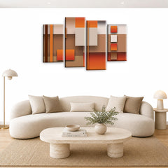 LR Orange Abstract Wall Art Picture – Cream & Modern Framed 4 Panel Split Canvas Print | Ready to Hang | Modern Wall Art for Living Room, Bedroom & Office