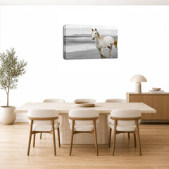 LR White Horse Running Wall Art Picture – Animal Framed Canvas Print | Ready to Hang | Modern Wall Art for Living Room, Bedroom & Office
