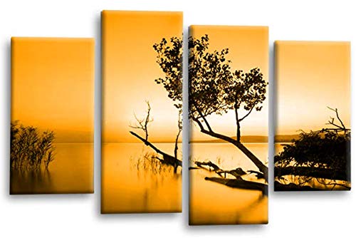 LR Sunset Landscape Lake Wall Art Picture Orange Brown Abstract Floral Framed Split Panel Canvas Print