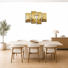 LR Love Swans Wall Art Picture – Cream & Brown Heart Framed 4 Panel Split Canvas Print | Ready to Hang | Modern Wall Art for Living Room, Bedroom & Office