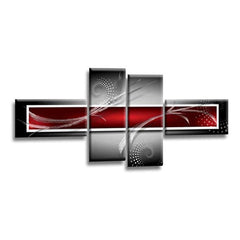 LR Red Grey Abstract Wall Art Picture – Black Modern Framed 4 Panel Split Canvas Print | Ready to Hang | Modern Wall Art for Living Room, Bedroom & Office