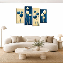 LR Floral Rose Wall Art Picture – Blue & Cream Framed 4 Panel Split Canvas Print | Ready to Hang | Modern Wall Art for Living Room, Bedroom & Office