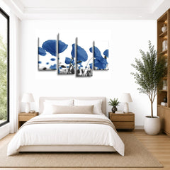 LR Floral Rose Poppy Wall Art Picture – Blue & White Framed 4 Panel Split Canvas Print | Ready to Hang | Modern Wall Art for Living Room, Bedroom & Office