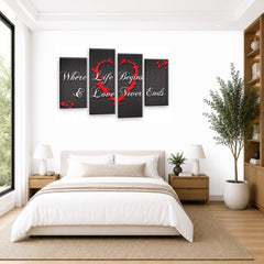 LR Love Quote Wall Art Picture – Grey & Red Framed 4 Panel Split Canvas Print | Ready to Hang | Modern Wall Art for Living Room, Bedroom & Office