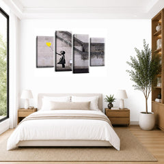 LR Banksy Wall Art Picture – Grey & Yellow Graffiti Art Framed 4 Panel Split Canvas Print | Ready to Hang | Modern Wall Art for Living Room, Bedroom & Office