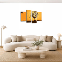 LR Floral Abstract Wall Art Picture – Grey & Orange Butterfly Framed 4 Panel Split Canvas Print | Ready to Hang | Modern Wall Art for Living Room, Bedroom & Office