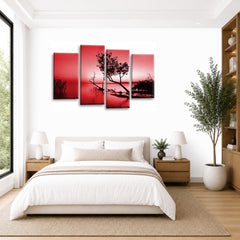 LR Sunset Landscape Wall Art Picture – Grey, Red & Brown Floral Framed 4 Panel Split Canvas Print | Ready to Hang | Modern Wall Art for Living Room, Bedroom & Office