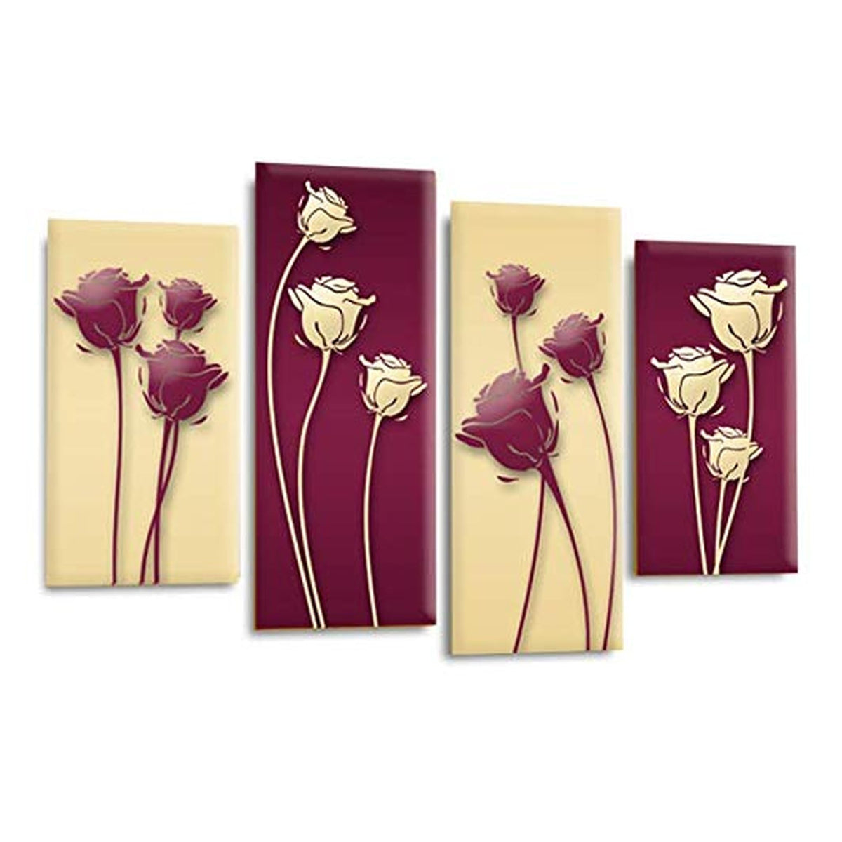 LR Floral Wall Art Picture – Purple & Cream Framed 4 Panel Split Canvas Print | Ready to Hang | Modern Wall Art for Living Room, Bedroom & Office