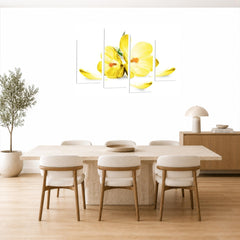 LR Floral Rose Orchid Wall Art Picture – Yellow & White Framed 4 Panel Split Canvas Print | Ready to Hang | Modern Wall Art for Living Room, Bedroom & Office