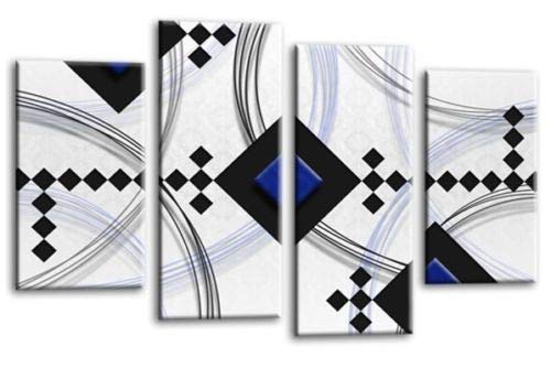 LR Blue Abstract Wall Art Picture Black White Stripes Checks Framed Split Panel Print Ready to Hang