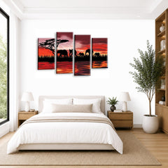 LR Elephant Sunset Wall Art Picture – Red, Orange & Black African Framed 4 Panel Split Canvas Print | Ready to Hang | Modern Wall Art for Living Room, Bedroom & Office
