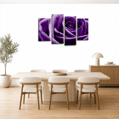 LR Floral Purple Rose Wall Art Picture Framed 4 Panel Split Canvas Print | Ready to Hang | Modern Wall Art for Living Room, Bedroom & Office
