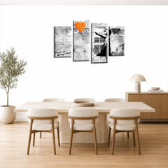 LR Banksy Heart Wall Art Picture – Grey & Orange Graffiti Art Framed 4 Panel Split Canvas Print | Ready to Hang | Modern Wall Art for Living Room, Bedroom & Office