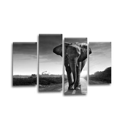 LR Elephant Sunset Wall Art Picture – Grey & White African Framed 4 Panel Split Canvas Print | Ready to Hang | Modern Wall Art for Living Room, Bedroom & Office