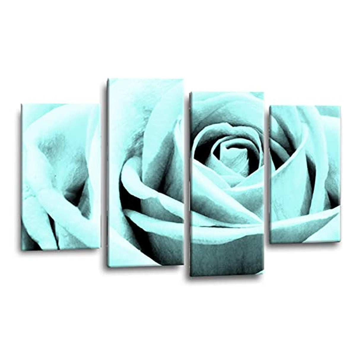 LR Floral Duck Egg Rose Wall Art Picture Framed 4 Panel Split Canvas Print | Ready to Hang | Modern Wall Art for Living Room, Bedroom & Office