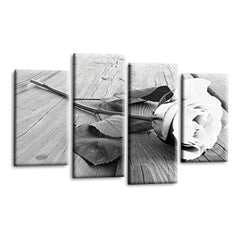 LR White Rose Floral Wall Art Picture Framed 4 Panel Split Canvas Print | Ready to Hang | Modern Wall Art for Living Room, Bedroom & Office