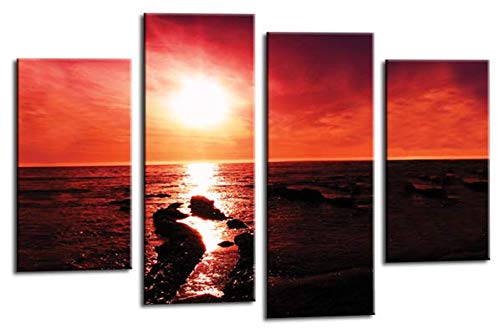 LR Sunset Beach Wall Art Picture – Red & Gold Seascape Framed 4 Panel Split Canvas Print | Ready to Hang | Modern Wall Art for Living Room, Bedroom & Office