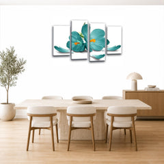 LR Floral Rose Wall Art Picture – Teal & White Framed 4 Panel Split Canvas Print | Ready to Hang | Modern Wall Art for Living Room, Bedroom & Office