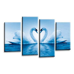LR Love Swans Wall Art Picture – Blue & White Heart Framed 4 Panel Split Canvas Print | Ready to Hang | Modern Wall Art for Living Room, Bedroom & Office