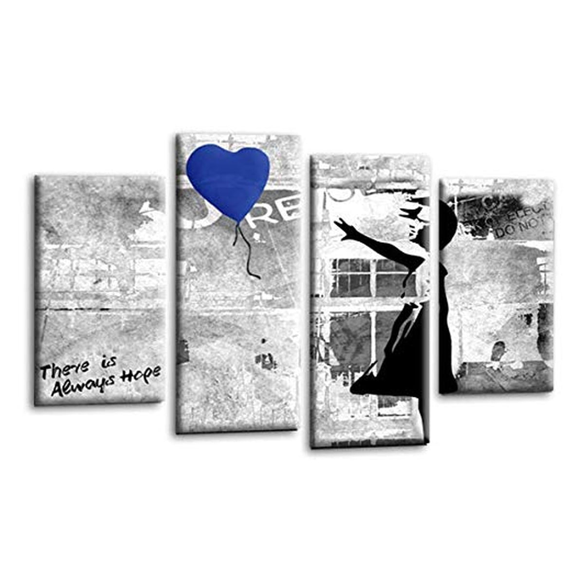 LR Banksy Heart Wall Art Picture – Grey & Blue Graffiti Art Framed 4 Panel Split Canvas Print | Ready to Hang | Modern Wall Art for Living Room, Bedroom & Office