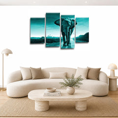 LR Sunset Elephant Wall Art Picture – Grey, Teal & Black African Framed 4 Panel Split Canvas Print | Ready to Hang | Modern Wall Art for Living Room, Bedroom & Office