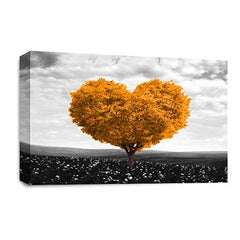 LR Floral Love Heart Tree Wall Art Picture – Grey & Orange Framed Canvas Print | Ready to Hang | Modern Wall Art for Living Room, Bedroom & Office