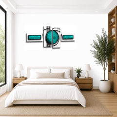 LR Abstract Stripes Wall Art Picture – Grey & Teal Modern Framed 4 Panel Split Canvas Print | Ready to Hang | Modern Wall Art for Living Room, Bedroom & Office