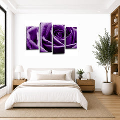 LR Floral Purple Rose Wall Art Picture Framed 4 Panel Split Canvas Print | Ready to Hang | Modern Wall Art for Living Room, Bedroom & Office