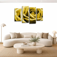 LR Floral Mustard Rose Love Art Wall Art Picture – Grey, White Framed 4 Panel Split Canvas Print | Ready to Hang | Modern Wall Art for Living Room, Bedroom & Office