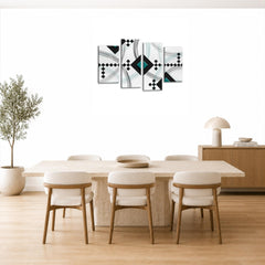 LR Teal Abstract Wall Art Picture – Black & White Modern Framed 4 Panel Split Canvas Print | Ready to Hang | Modern Wall Art for Living Room, Bedroom & Office