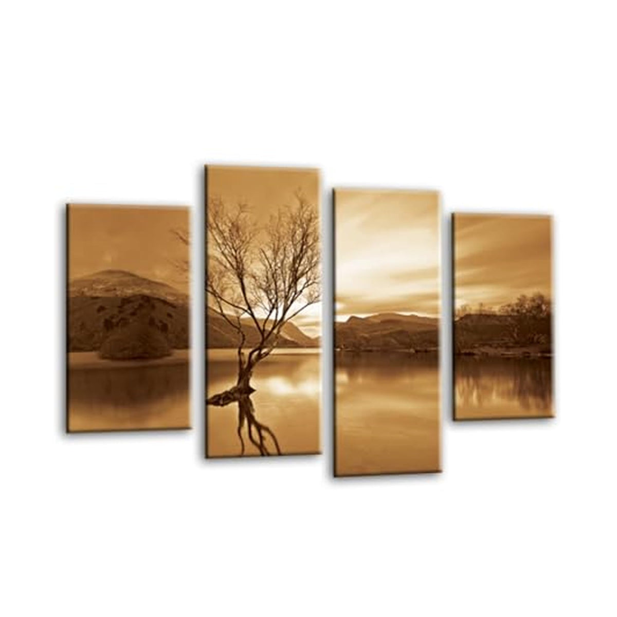 LR Landscape Lake Wall Art Picture – Cream & Brown Floral Framed 4 Panel Split Canvas Print | Ready to Hang | Modern Wall Art for Living Room, Bedroom & Office