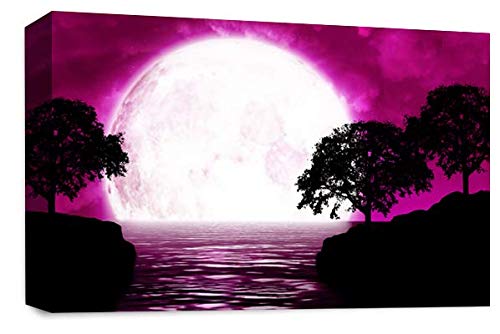 LR Abstract Landscape Wall Art Picture Purple Black White Big Moon Seascape Framed Canvas Print