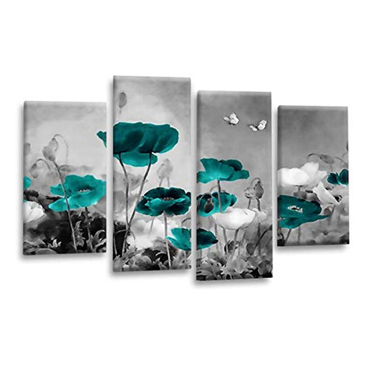 LR Floral Wall Art Picture – Grey & Teal Poppy Framed 4 Panel Split Canvas Print | Ready to Hang | Modern Wall Art for Living Room, Bedroom & Office