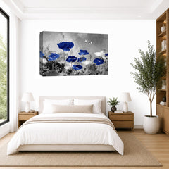LR Grey Floral Wall Art Picture – Blue & White Poppy Framed Canvas Print | Ready to Hang | Modern Wall Art for Living Room, Bedroom & Office