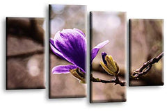 LR Floral Rose Wall Art Picture – Purple & Grey Framed 4 Panel Split Canvas Print | Ready to Hang | Modern Wall Art for Living Room, Bedroom & Office