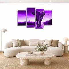 LR Elephant Sunset Wall Art Picture – Purple & Grey African Framed 4 Panel Split Canvas Print | Ready to Hang | Modern Wall Art for Living Room, Bedroom & Office