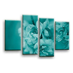 LR Floral Rose Wall Art Picture – Teal & Cream Framed 4 Panel Split Canvas Print | Ready to Hang | Modern Wall Art for Living Room, Bedroom & Office