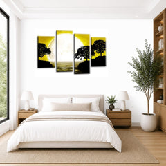 LR Landscape Wall Art Picture – Black, White & Mustard Floral Framed 4 Panel Split Canvas Print | Ready to Hang | Modern Wall Art for Living Room, Bedroom & Office