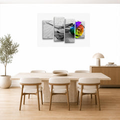 LR Floral Rainbow Rose Wall Art Picture Framed 4 Panel Split Canvas Print | Ready to Hang | Modern Wall Art for Living Room, Bedroom & Office