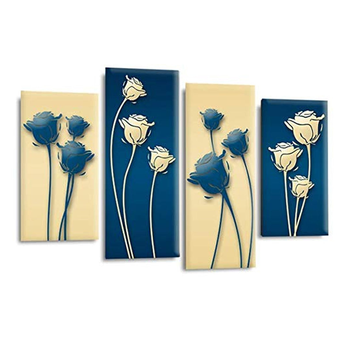 LR Floral Rose Wall Art Picture – Blue & Cream Framed 4 Panel Split Canvas Print | Ready to Hang | Modern Wall Art for Living Room, Bedroom & Office