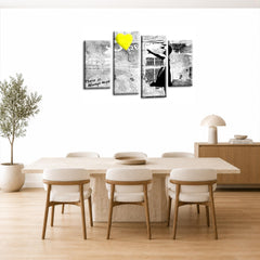 LR Banksy Heart Wall Art Picture – Grey & Yellow Graffiti Art Framed 4 Panel Split Canvas Print | Ready to Hang | Modern Wall Art for Living Room, Bedroom & Office