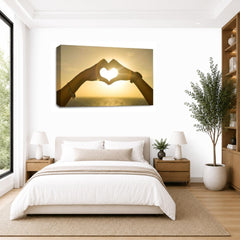 LR Love Heart Sunset Hands Wall Art Picture – Yellow, Gold & Orange Framed Canvas Print | Ready to Hang | Modern Wall Art for Living Room, Bedroom & Office