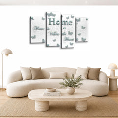 LR Home Love Quote Wall Art Picture – White & Duck Egg Framed 4 Panel Split Canvas Print | Ready to Hang | Modern Wall Art for Living Room, Bedroom & Office