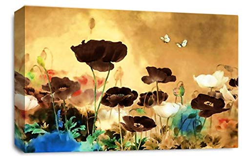 LR Floral Rose Poppy Wall Art Picture Cream Brown Chinese Flower Framed Canvas Print Ready to Hang